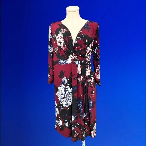 A PEA IN THE POD wine with big floral faux wrap dress with 3/4 sleeves - Picture 1 of 15